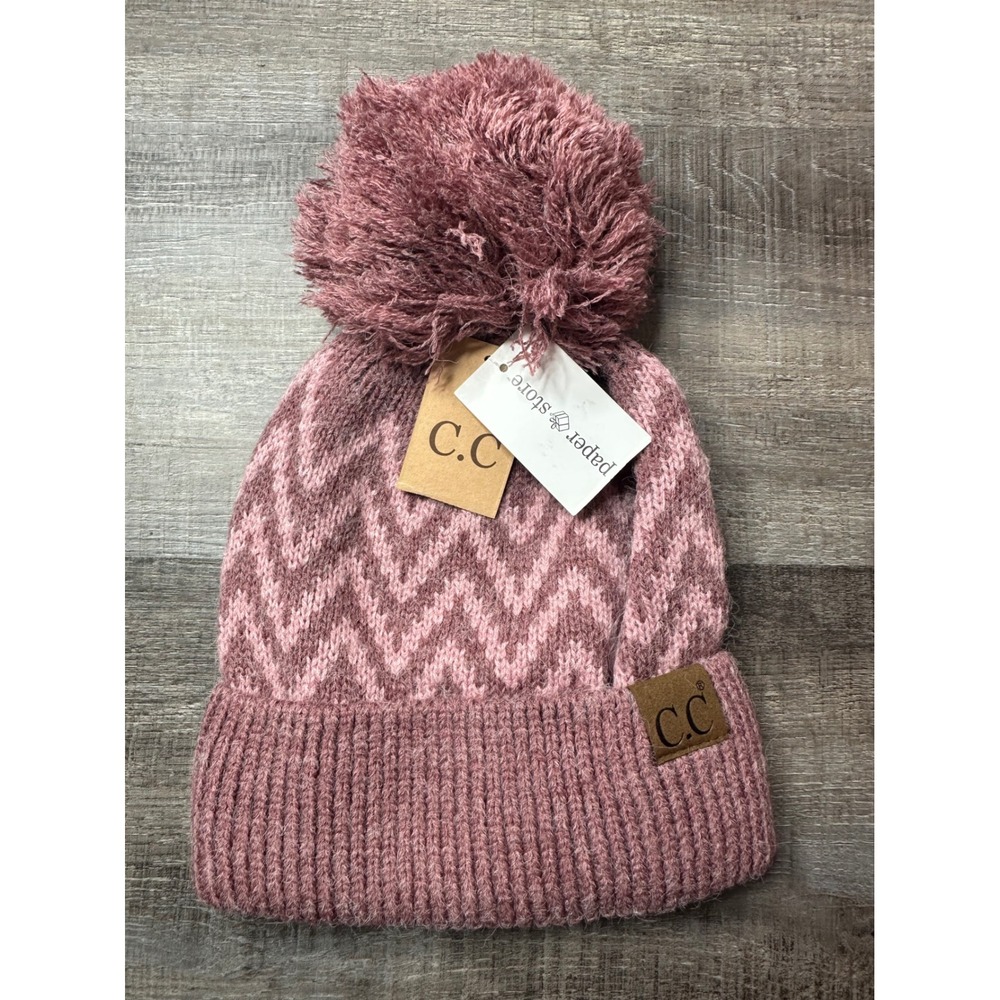 C.C Beanie Mauve Pink Zig Zag Chevron Knit Pom Pom Hat NEW
